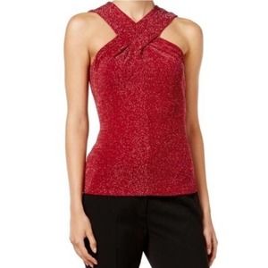 MICHAEL Michael Kors Top LARGE Red Crisscross Neck Metallic Holiday Sleeveless